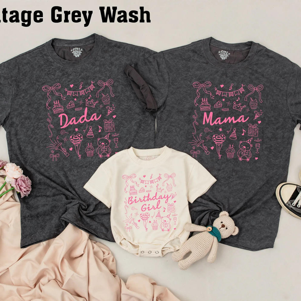 Personalized Pink Birthday Shirt with Bow and Party Icons for Baby Girl or Family, Matching First Birthday Outfit, Custom Name Gift Idea
