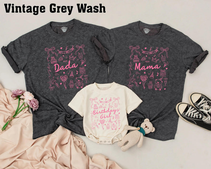 Personalized Pink Birthday Shirt with Bow and Party Icons for Baby Girl or Family, Matching First Birthday Outfit, Custom Name Gift Idea