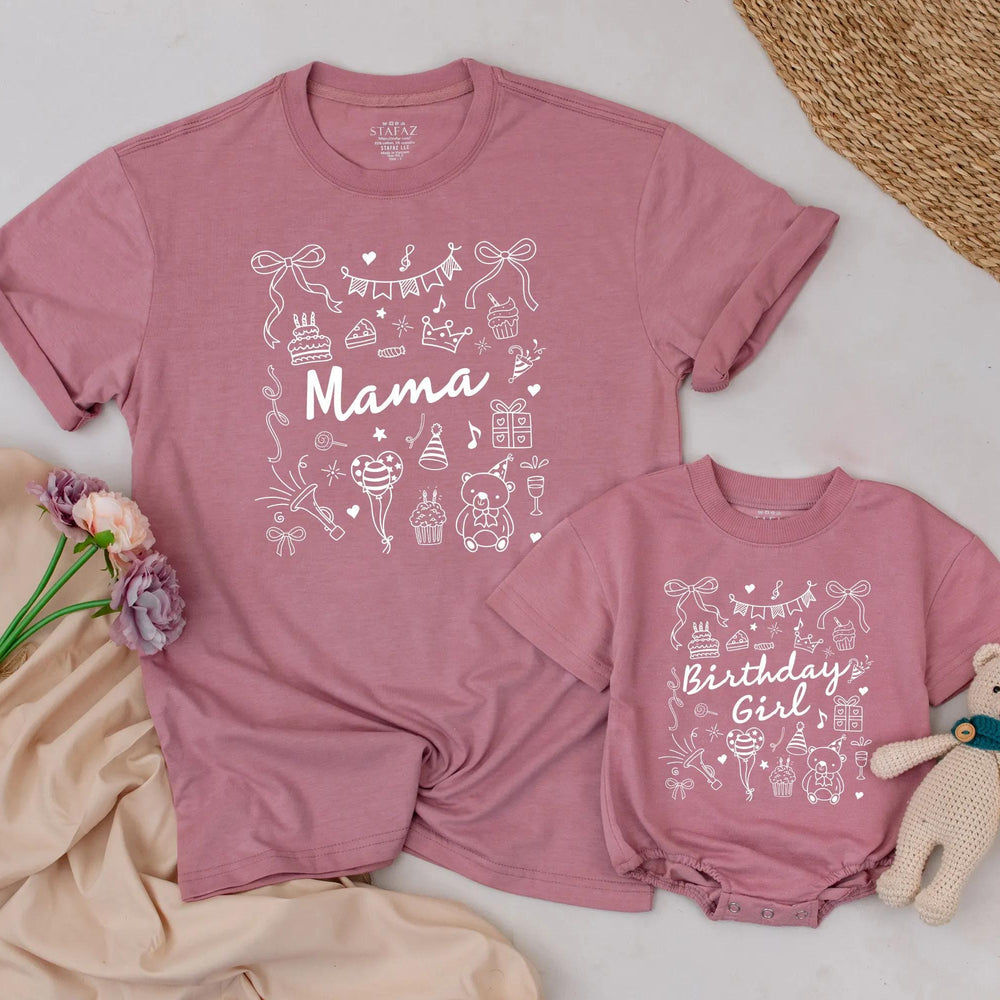Personalized Pink Birthday Shirt with Bow and Party Icons for Baby Girl or Family, Matching First Birthday Outfit, Custom Name Gift Idea