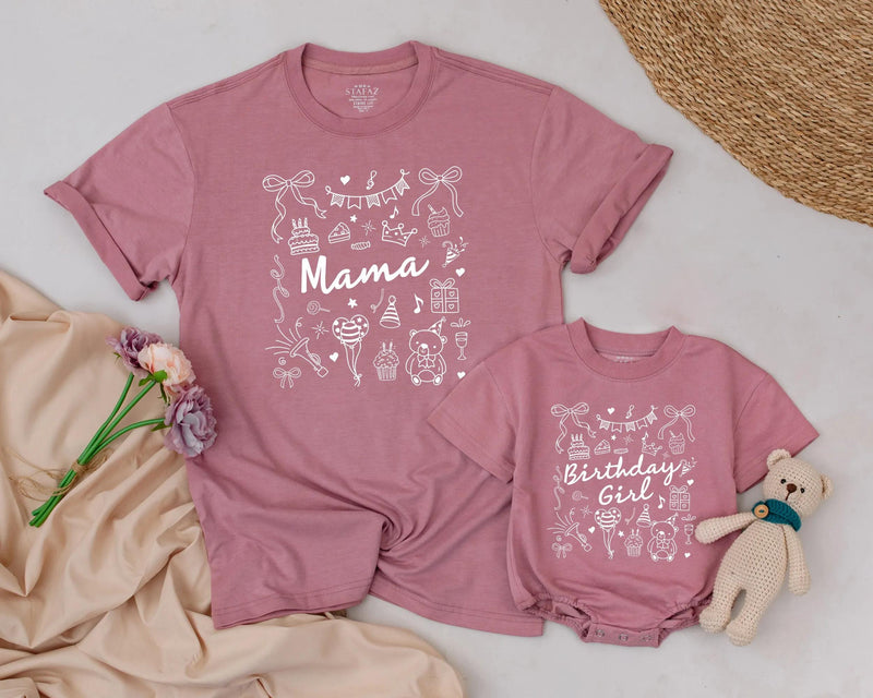 Personalized Pink Birthday Shirt with Bow and Party Icons for Baby Girl or Family, Matching First Birthday Outfit, Custom Name Gift Idea