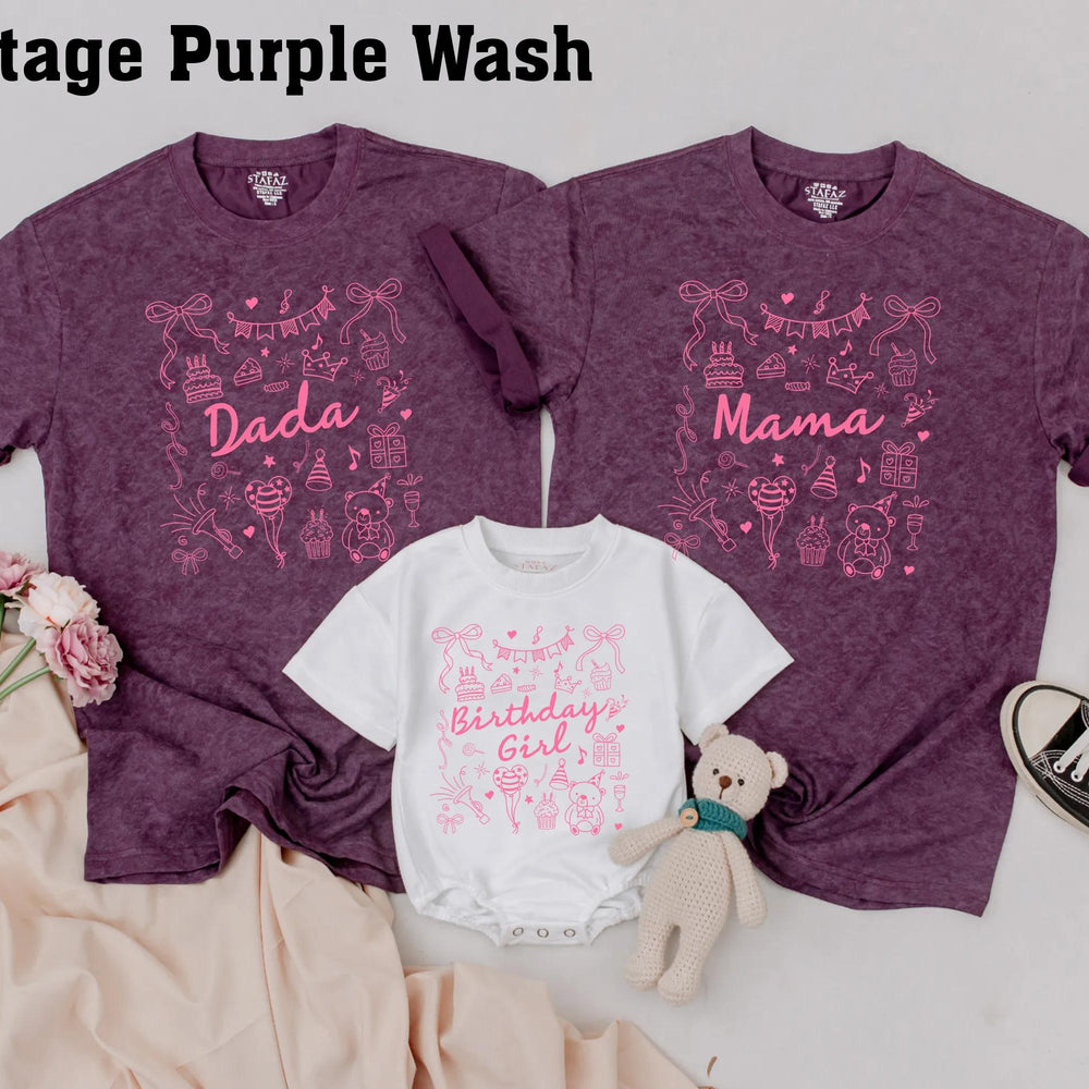 Personalized Pink Birthday Shirt with Bow and Party Icons for Baby Girl or Family, Matching First Birthday Outfit, Custom Name Gift Idea