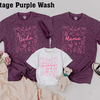 Personalized Pink Birthday Shirt with Bow and Party Icons for Baby Girl or Family, Matching First Birthday Outfit, Custom Name Gift Idea