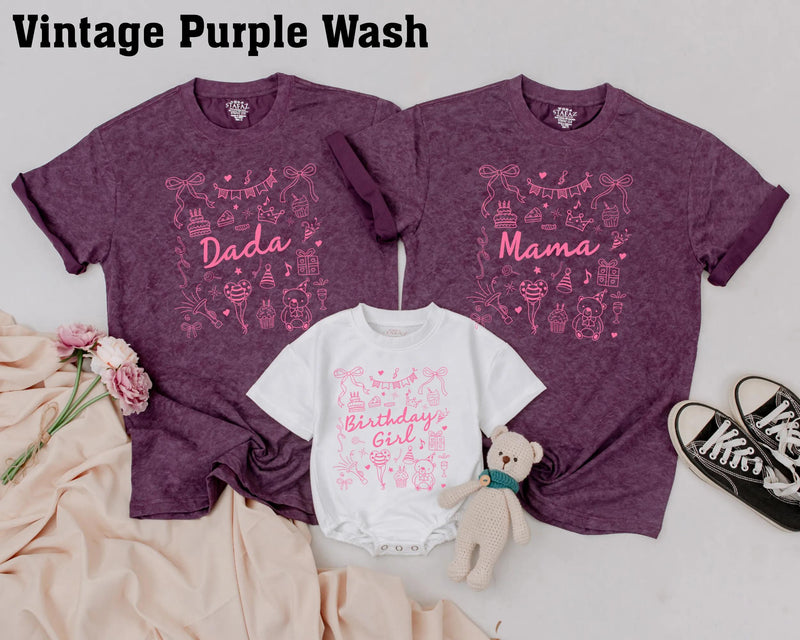 Personalized Pink Birthday Shirt with Bow and Party Icons for Baby Girl or Family, Matching First Birthday Outfit, Custom Name Gift Idea