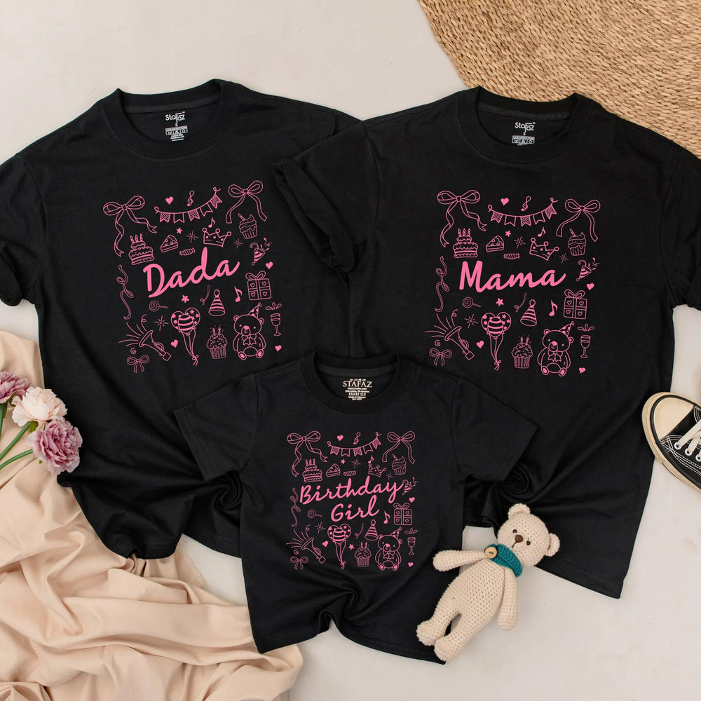 Personalized Pink Birthday Shirt with Bow and Party Icons for Baby Girl or Family, Matching First Birthday Outfit, Custom Name Gift Idea