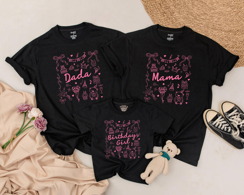 Personalized Pink Birthday Shirt with Bow and Party Icons for Baby Girl or Family, Matching First Birthday Outfit, Custom Name Gift Idea