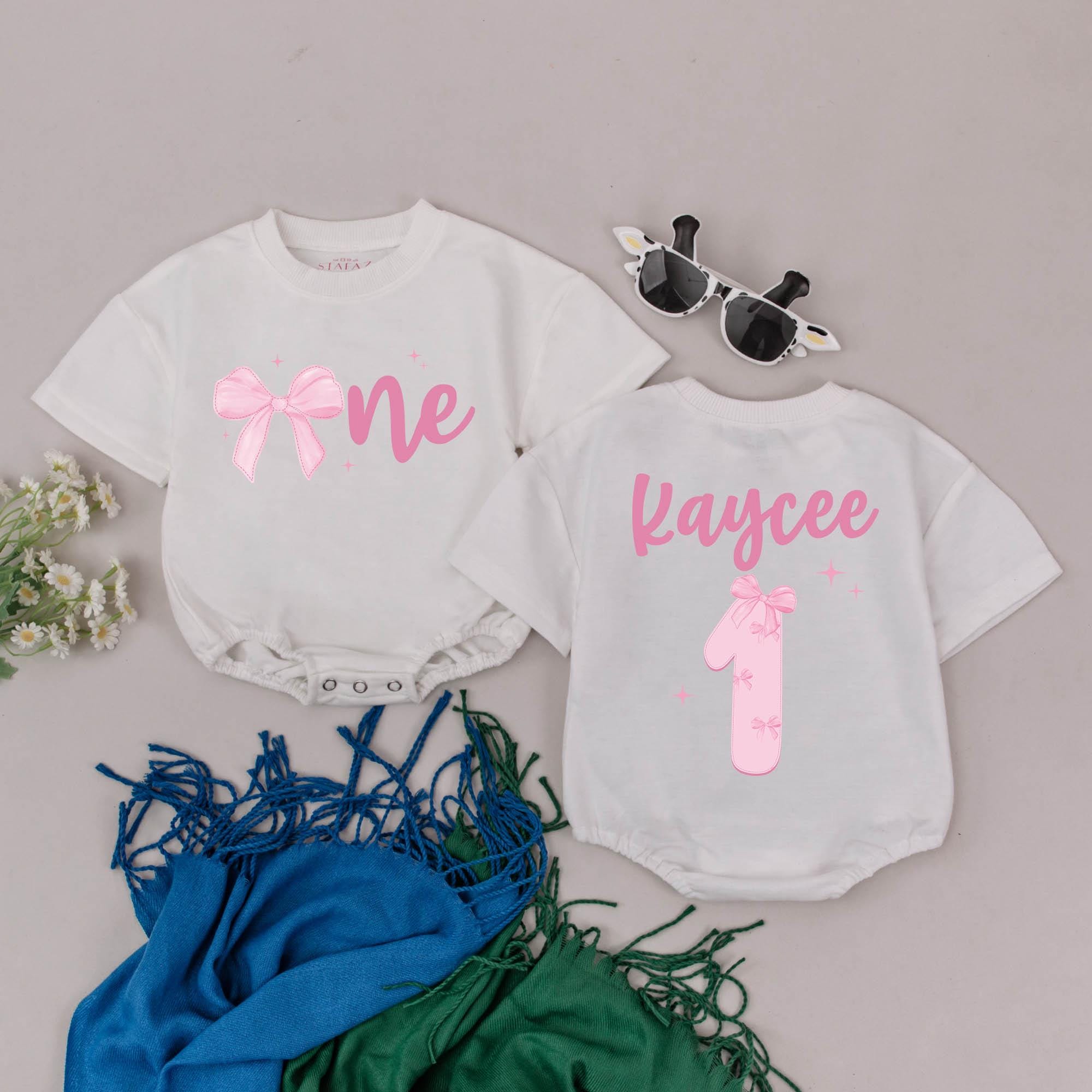 Personalized Pink Bow Baby Girl Romper 1st Birthday Outfit Soft Comfortable Cotton Celebration Gift with Name Kaycee and Sparkles