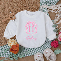 Personalized Pink Bow Baby Girl Romper with Initial H Hadley Name Soft Cotton Birthday Shower Gift Coming Home Outfit