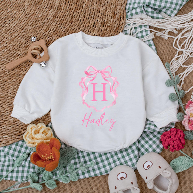 Personalized Pink Bow Baby Girl Romper with Initial H Hadley Name Soft Cotton Birthday Shower Gift Coming Home Outfit