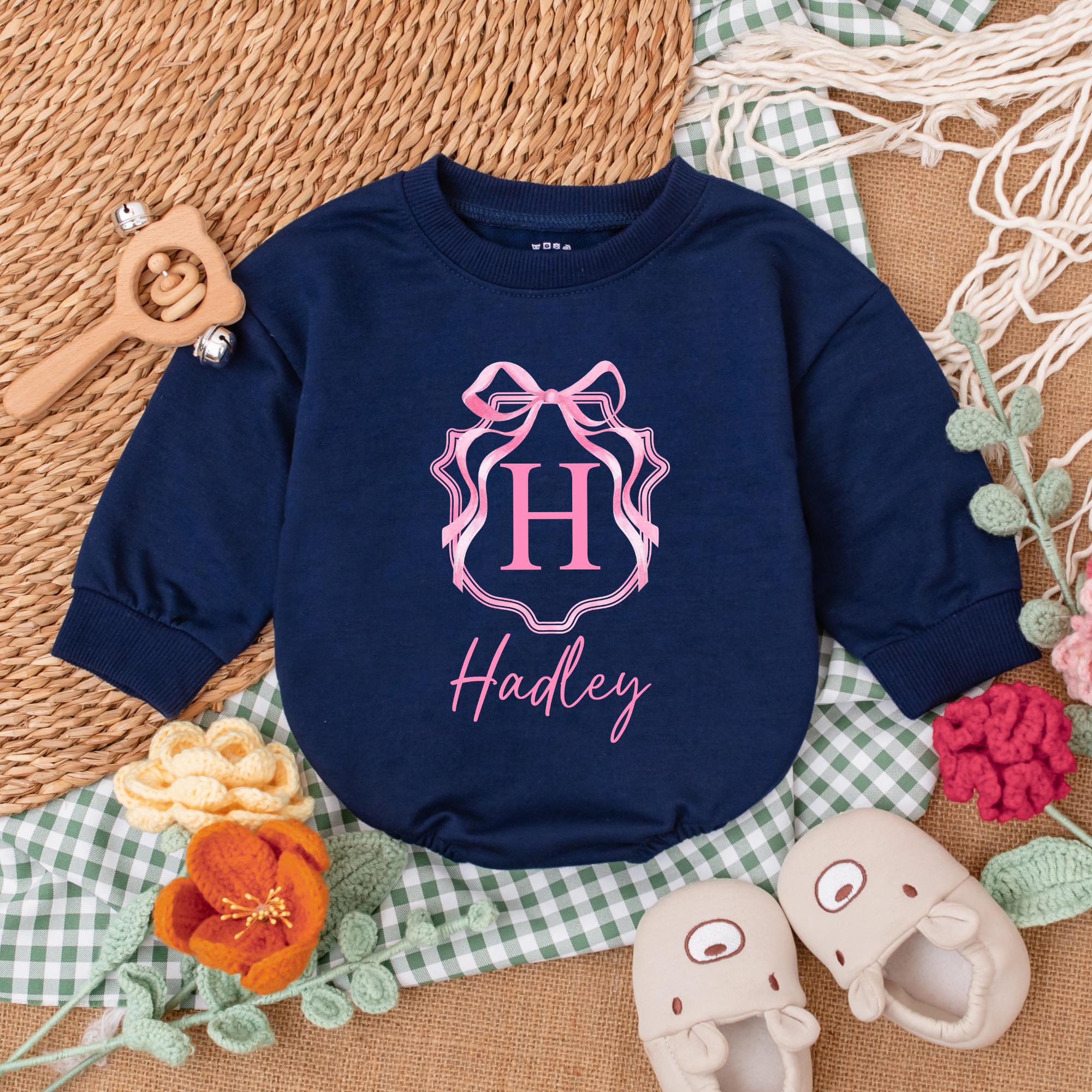 Personalized Pink Bow Baby Girl Romper with Initial H Hadley Name Soft Cotton Birthday Shower Gift Coming Home Outfit