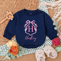 Personalized Pink Bow Baby Girl Romper with Initial H Hadley Name Soft Cotton Birthday Shower Gift Coming Home Outfit
