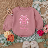Personalized Pink Bow Baby Girl Romper with Initial H Hadley Name Soft Cotton Birthday Shower Gift Coming Home Outfit