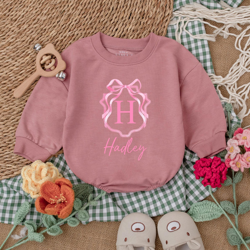 Personalized Pink Bow Baby Girl Romper with Initial H Hadley Name Soft Cotton Birthday Shower Gift Coming Home Outfit