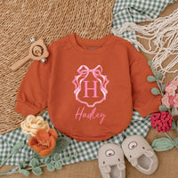 Personalized Pink Bow Baby Girl Romper with Initial H Hadley Name Soft Cotton Birthday Shower Gift Coming Home Outfit