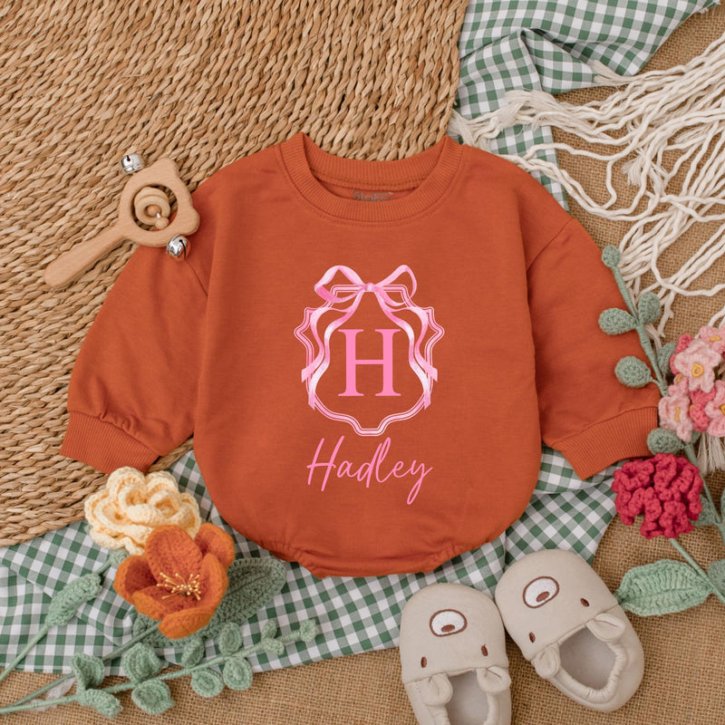 Personalized Pink Bow Baby Girl Romper with Initial H Hadley Name Soft Cotton Birthday Shower Gift Coming Home Outfit
