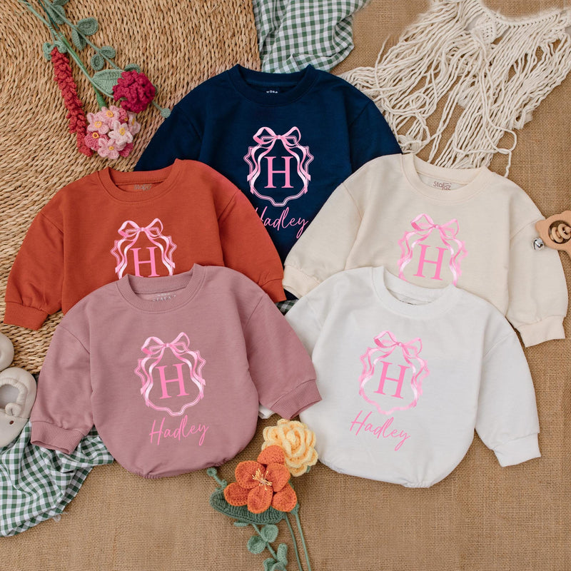 Personalized Pink Bow Baby Girl Romper with Initial H Hadley Name Soft Cotton Birthday Shower Gift Coming Home Outfit