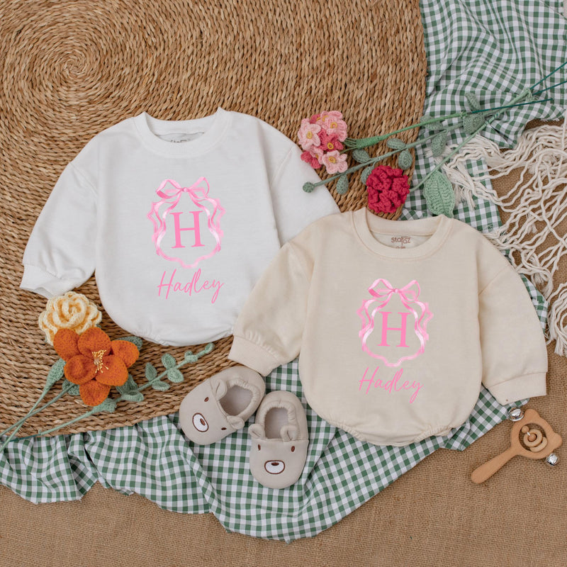 Personalized Pink Bow Baby Girl Romper with Initial H Hadley Name Soft Cotton Birthday Shower Gift Coming Home Outfit