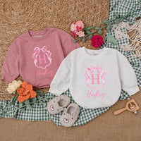 Personalized Pink Bow Baby Girl Romper with Initial H Hadley Name Soft Cotton Birthday Shower Gift Coming Home Outfit
