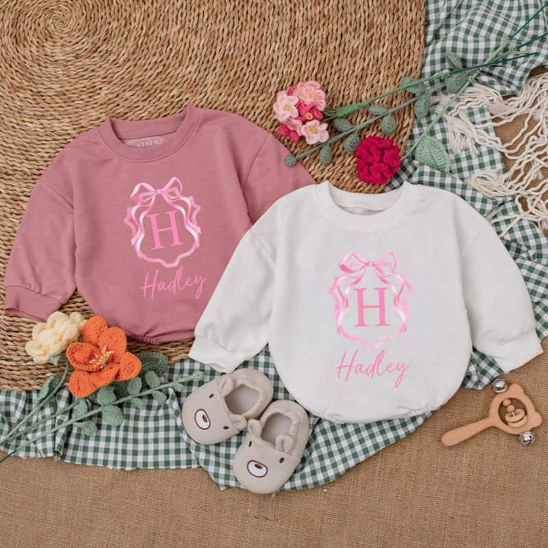 Personalized Pink Bow Baby Girl Romper with Initial H Hadley Name Soft Cotton Birthday Shower Gift Coming Home Outfit
