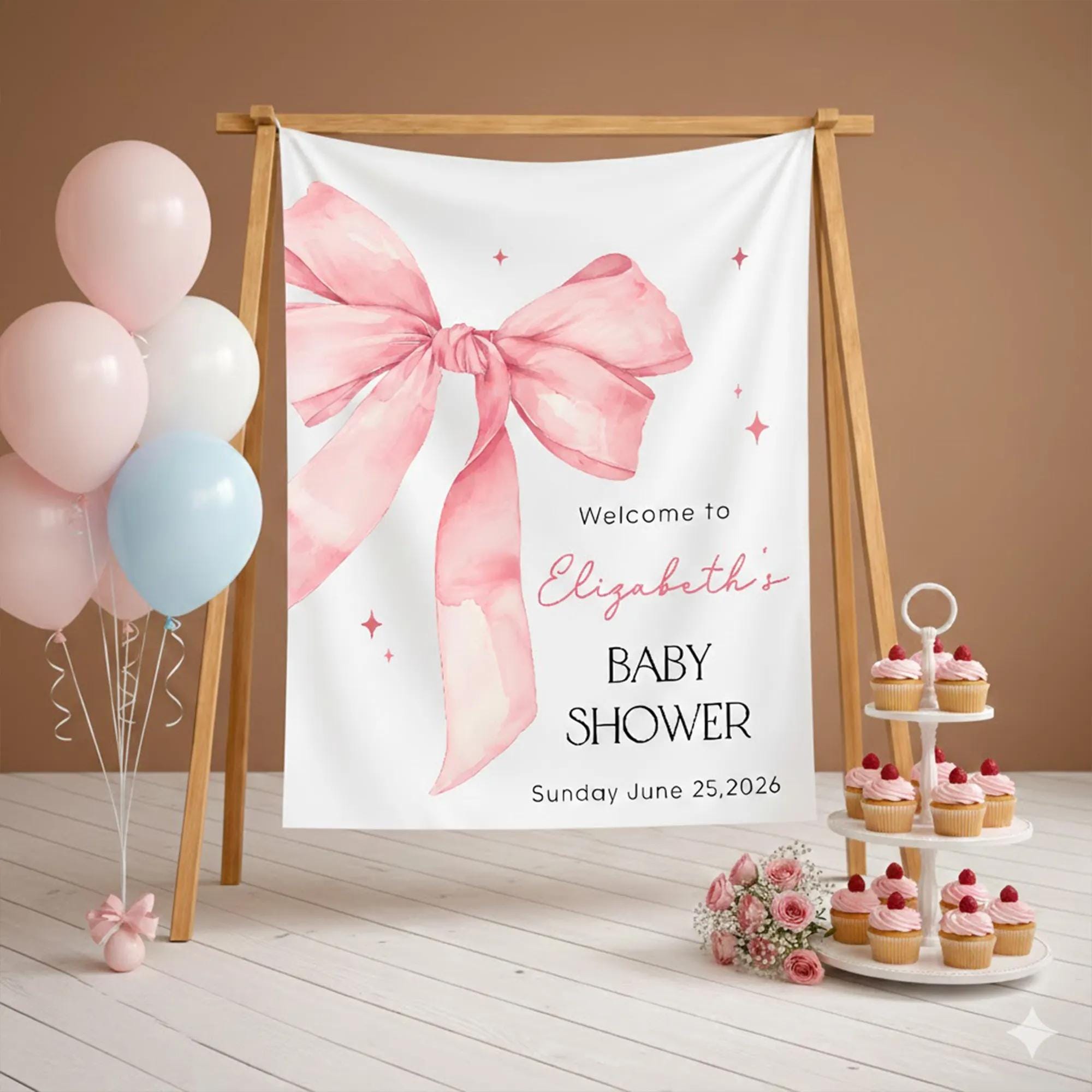 Personalized Pink Bow Baby Shower Welcome Sign Elegant Silk Banner Custom Name and Date Decor for Girl’s Party Entrance June 2026