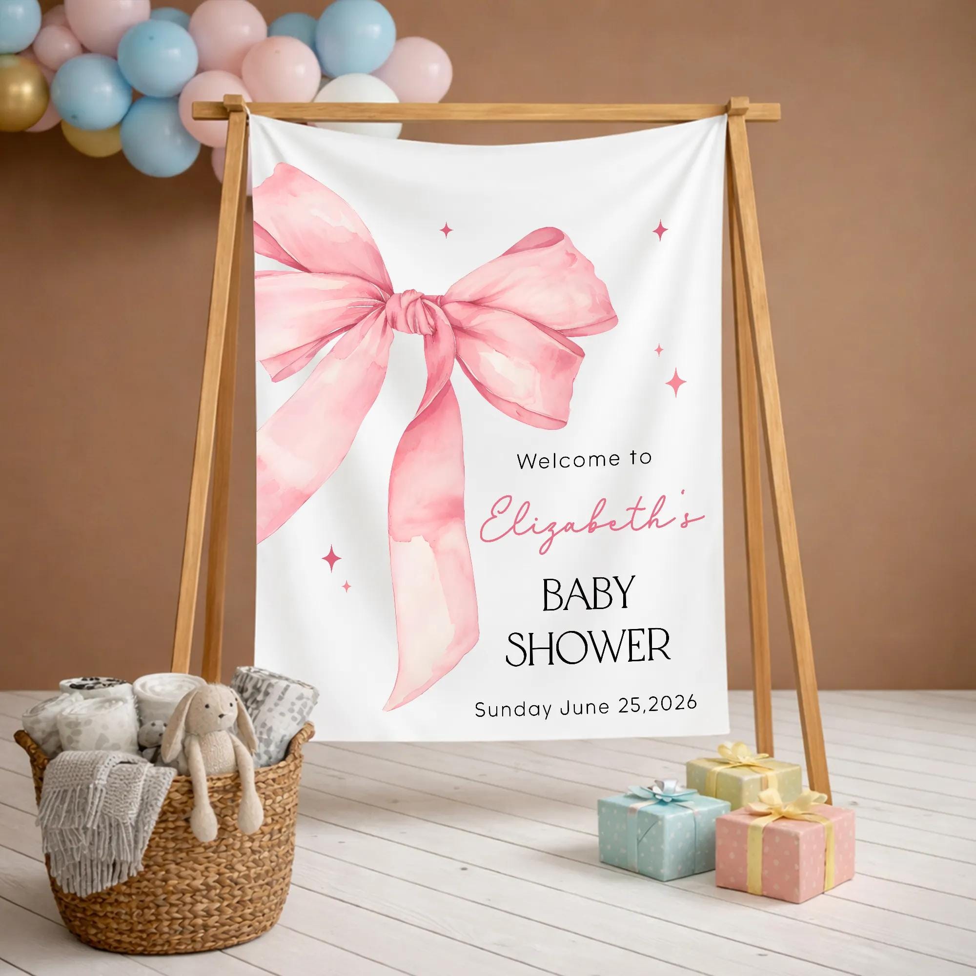 Personalized Pink Bow Baby Shower Welcome Sign Elegant Silk Banner Custom Name and Date Decor for Girl’s Party Entrance June 2026