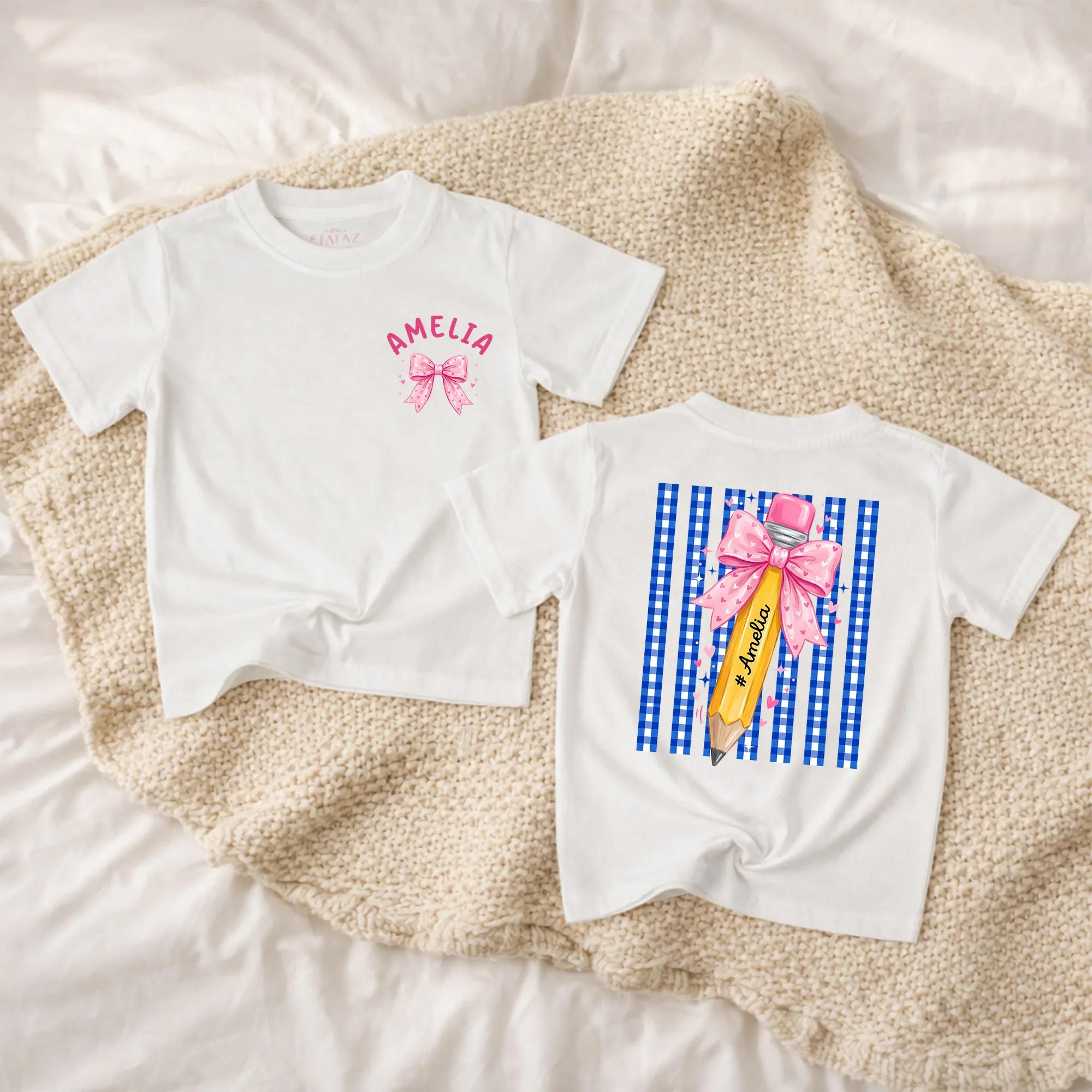 Personalized Pink Bow Back to School Shirt for Girls with Custom Name Yellow Pencil Graphic Gingham Back Cotton Tee Youthful Design