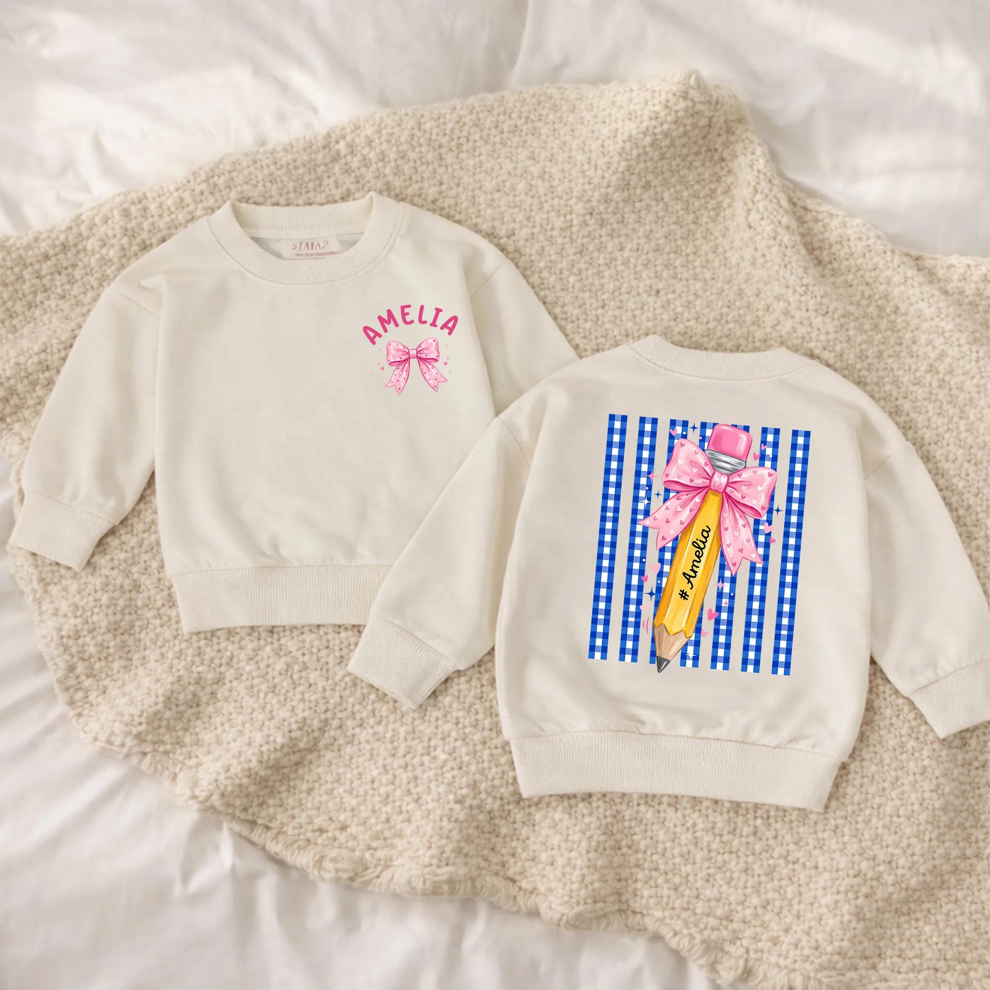 Personalized Pink Bow Back to School Shirt for Girls with Custom Name Yellow Pencil Graphic Gingham Back Cotton Tee Youthful Design