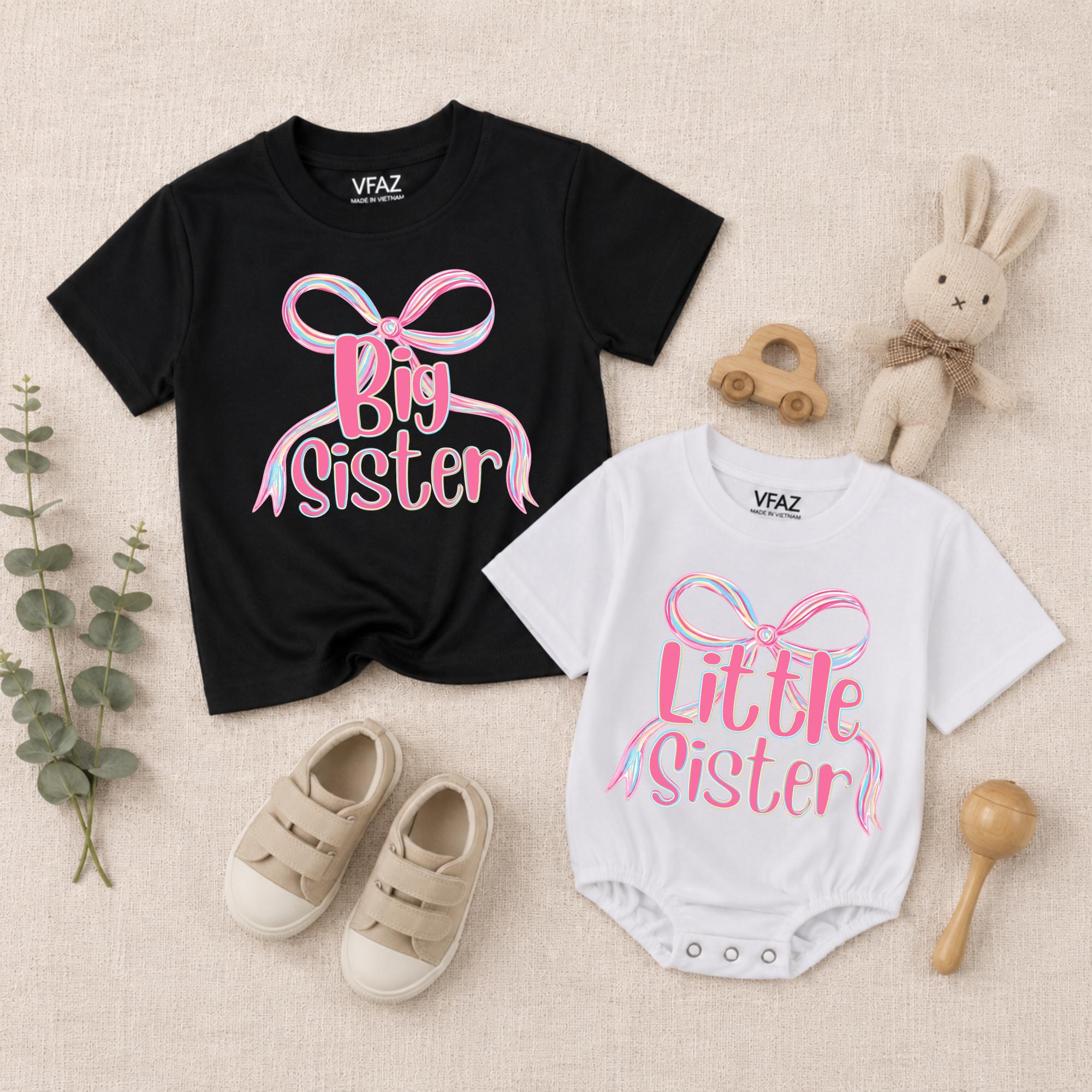 Personalized Pink Bow Big Sister Little Sister Kids Tee and Long Sleeve Romper, Soft Cotton Sister Outfit for Baby Girls, Spring Wear
