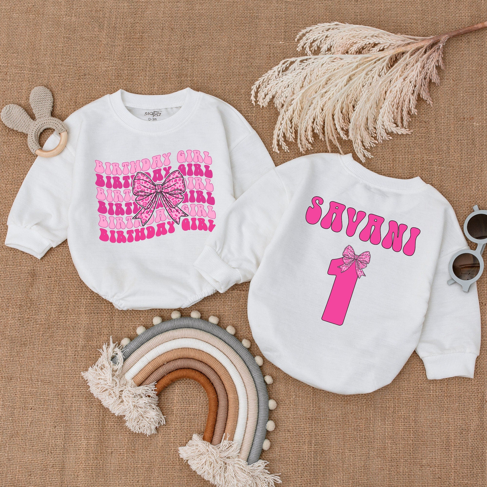 Personalized Pink Bow Birthday Girl Romper Custom First Birthday Outfit Vibrant Pink Theme Comfortable Bubble Romper Party Style Toddler