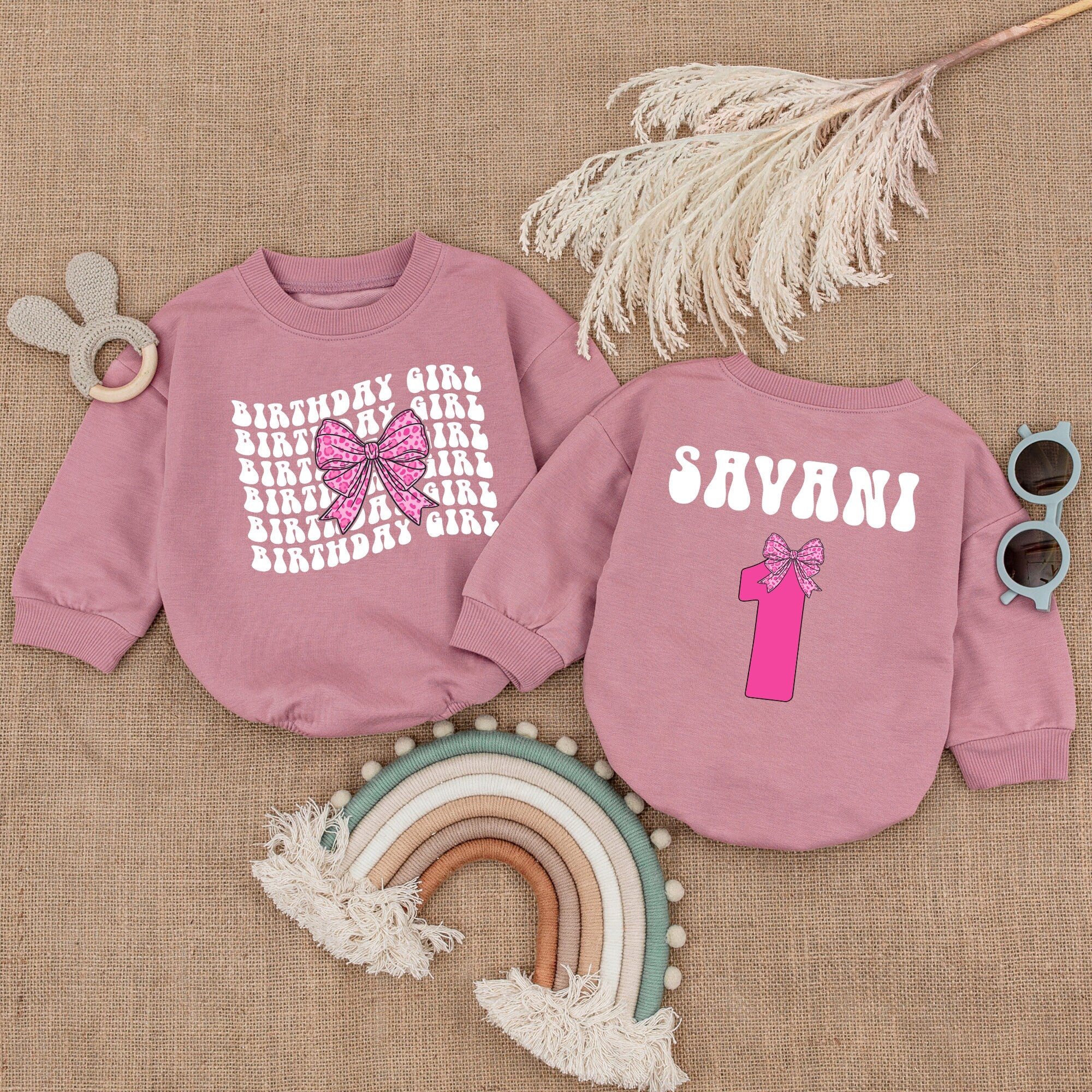 Personalized Pink Bow Birthday Girl Romper Custom First Birthday Outfit Vibrant Pink Theme Comfortable Bubble Romper Party Style Toddler