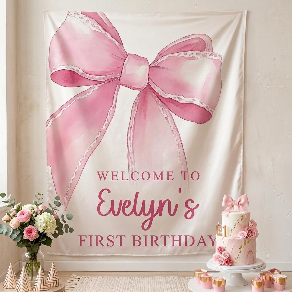 Personalized Pink Bow First Birthday Banner for Baby Girl Evelyn Party Decor with Lace Trim Soft Pastels Custom Name Photo Backdrop