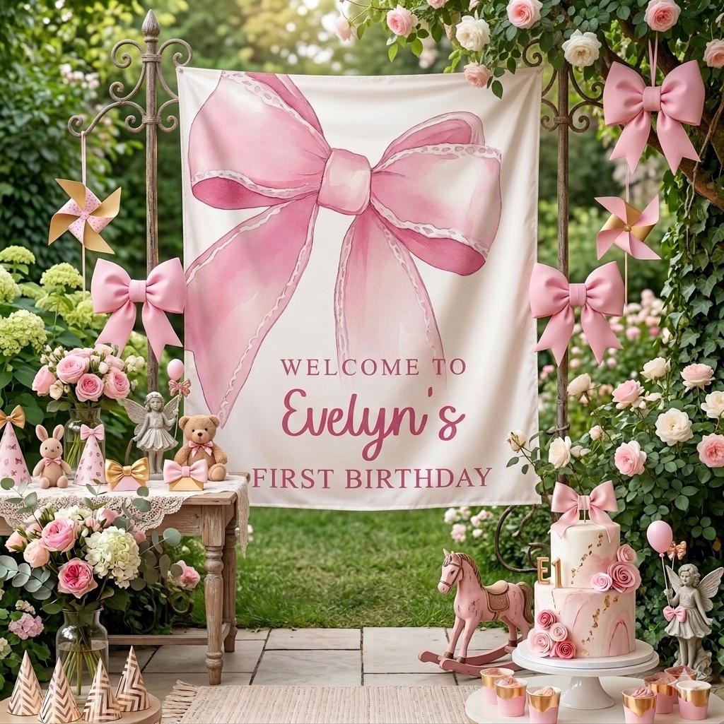 Personalized Pink Bow First Birthday Banner for Baby Girl Evelyn Party Decor with Lace Trim Soft Pastels Custom Name Photo Backdrop