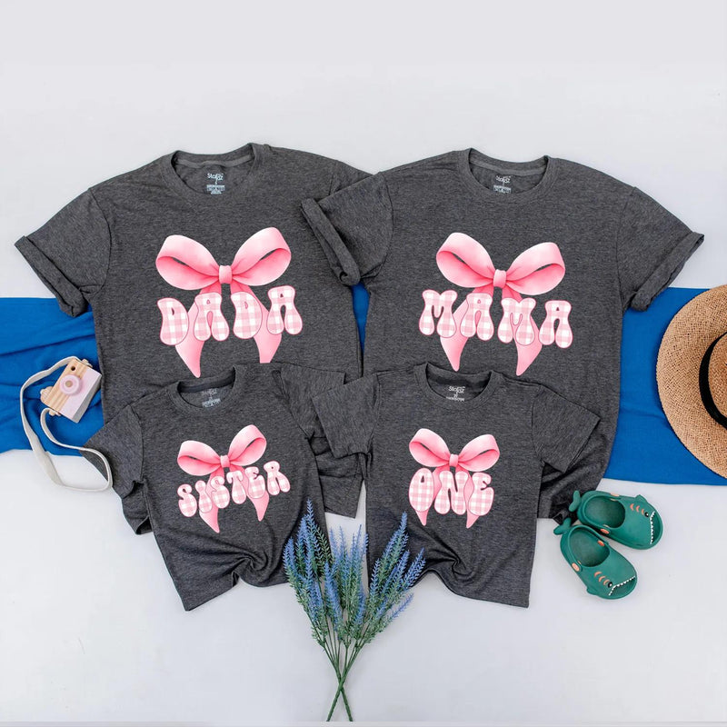 Personalized Pink Bow First Birthday Matching Shirts for Mama and Baby with Gingham Design, Cute 1st Birthday Girl Party Outfit