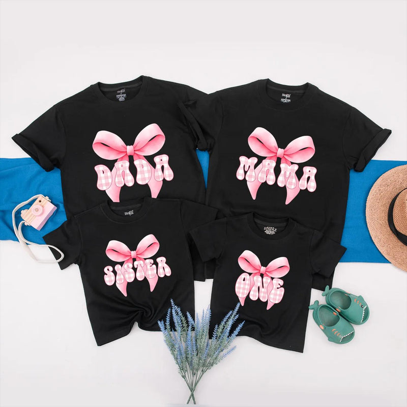 Personalized Pink Bow First Birthday Matching Shirts for Mama and Baby with Gingham Design, Cute 1st Birthday Girl Party Outfit