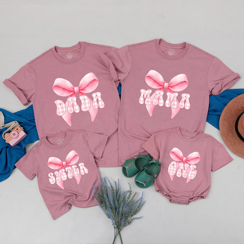 Personalized Pink Bow First Birthday Matching Shirts for Mama and Baby with Gingham Design, Cute 1st Birthday Girl Party Outfit
