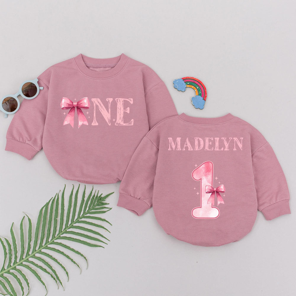 Personalized Pink Bow First Birthday Romper for Baby Girl Celebration Outfit Soft Cotton Bodysuit Custom Name One-Year Party Gift