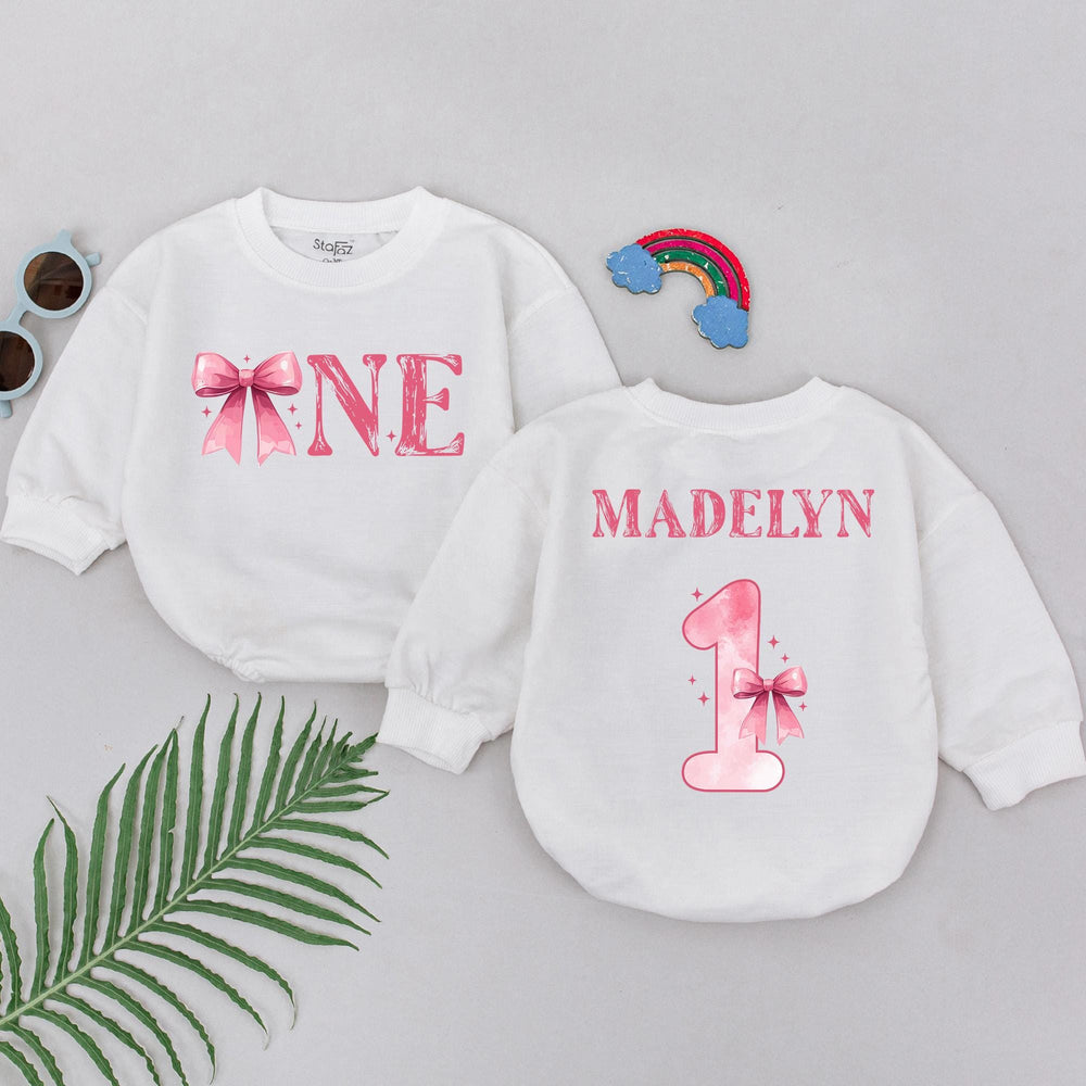 Personalized Pink Bow First Birthday Romper for Baby Girl Celebration Outfit Soft Cotton Bodysuit Custom Name One-Year Party Gift
