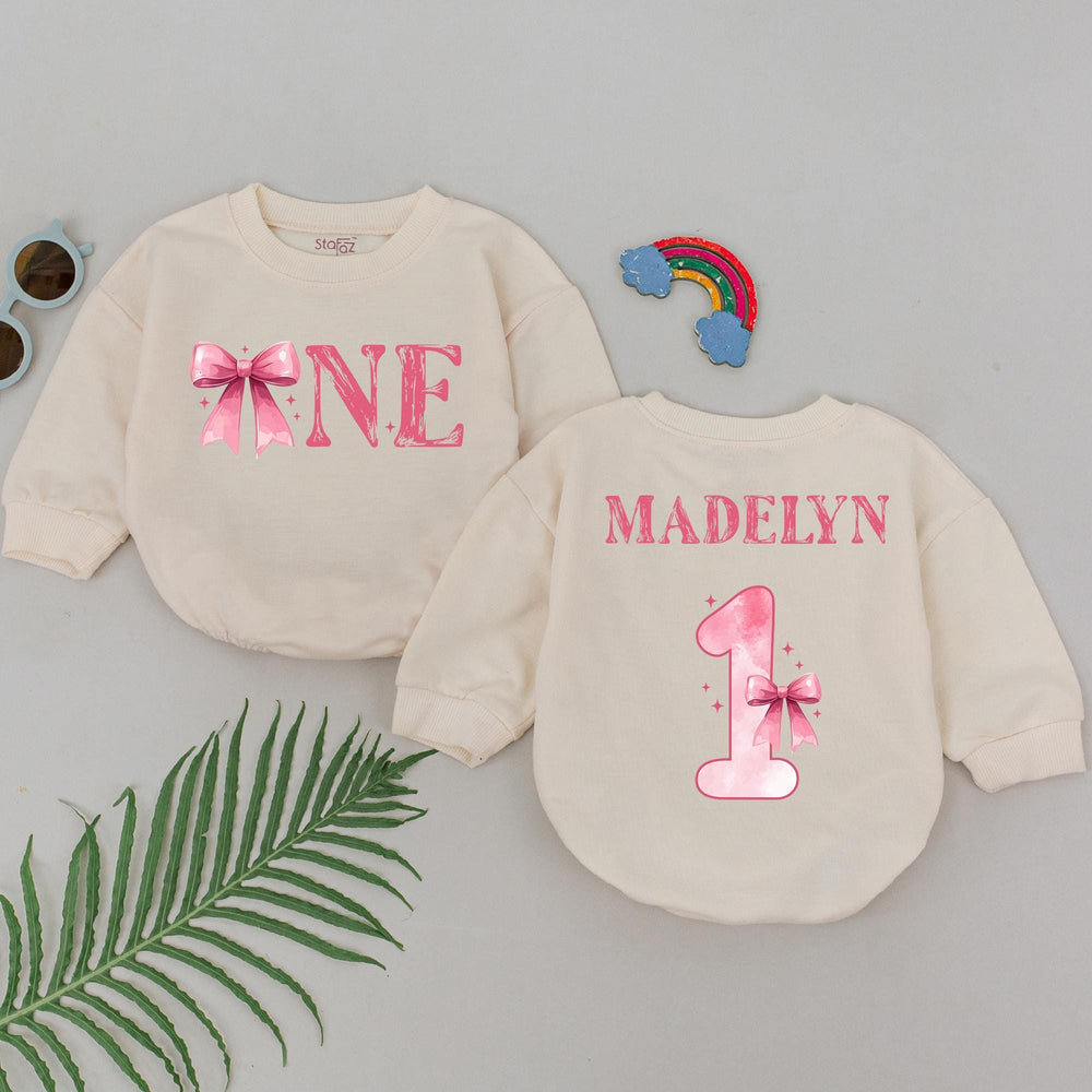 Personalized Pink Bow First Birthday Romper for Baby Girl Celebration Outfit Soft Cotton Bodysuit Custom Name One-Year Party Gift