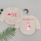 Personalized Pink Bow First Birthday Romper for Baby Girl Celebration Outfit Soft Cotton Bodysuit Custom Name One-Year Party Gift