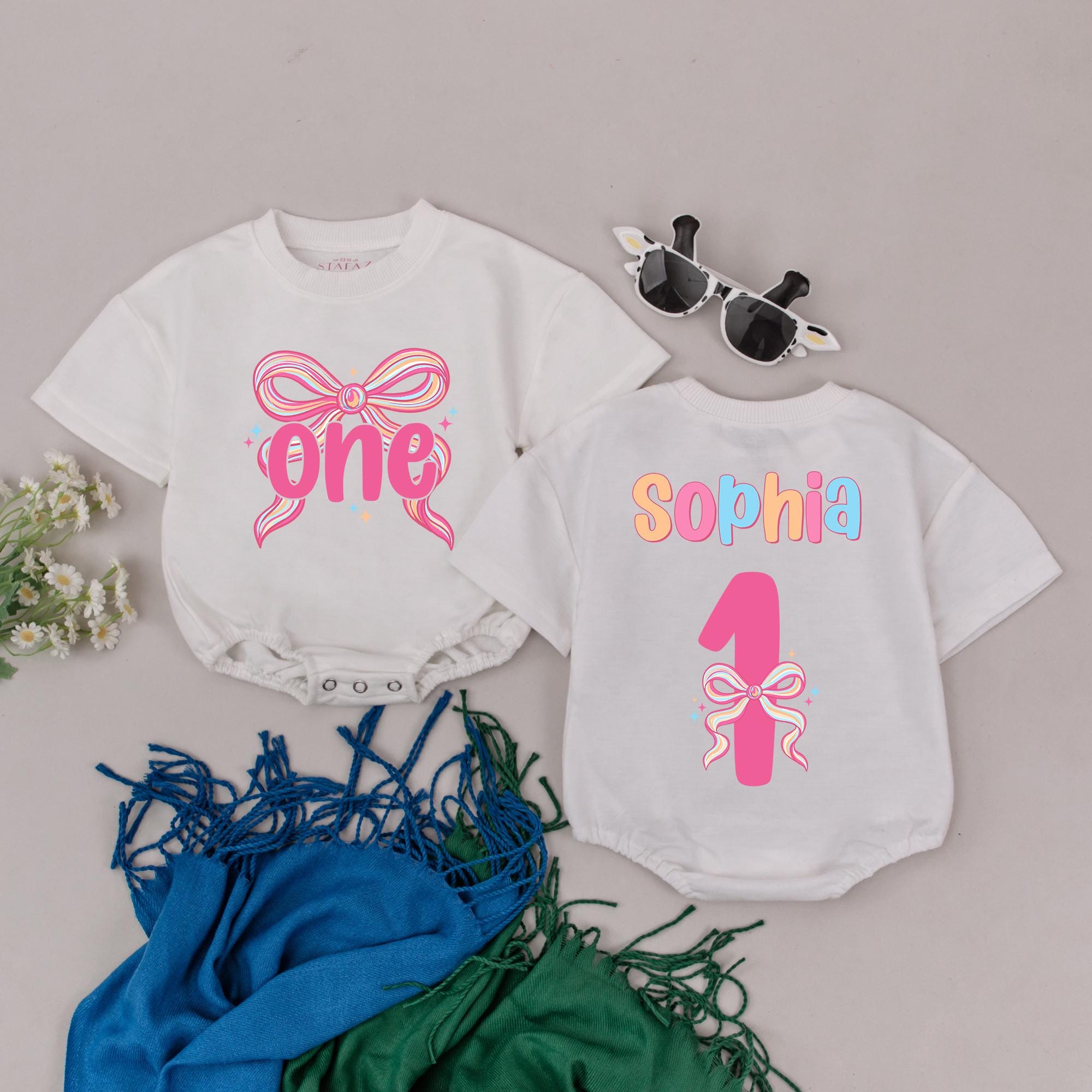 Personalized Pink Bow First Birthday Romper for Girls Celebrate with Playful One Design Perfect Cake Smash Outfit Gift