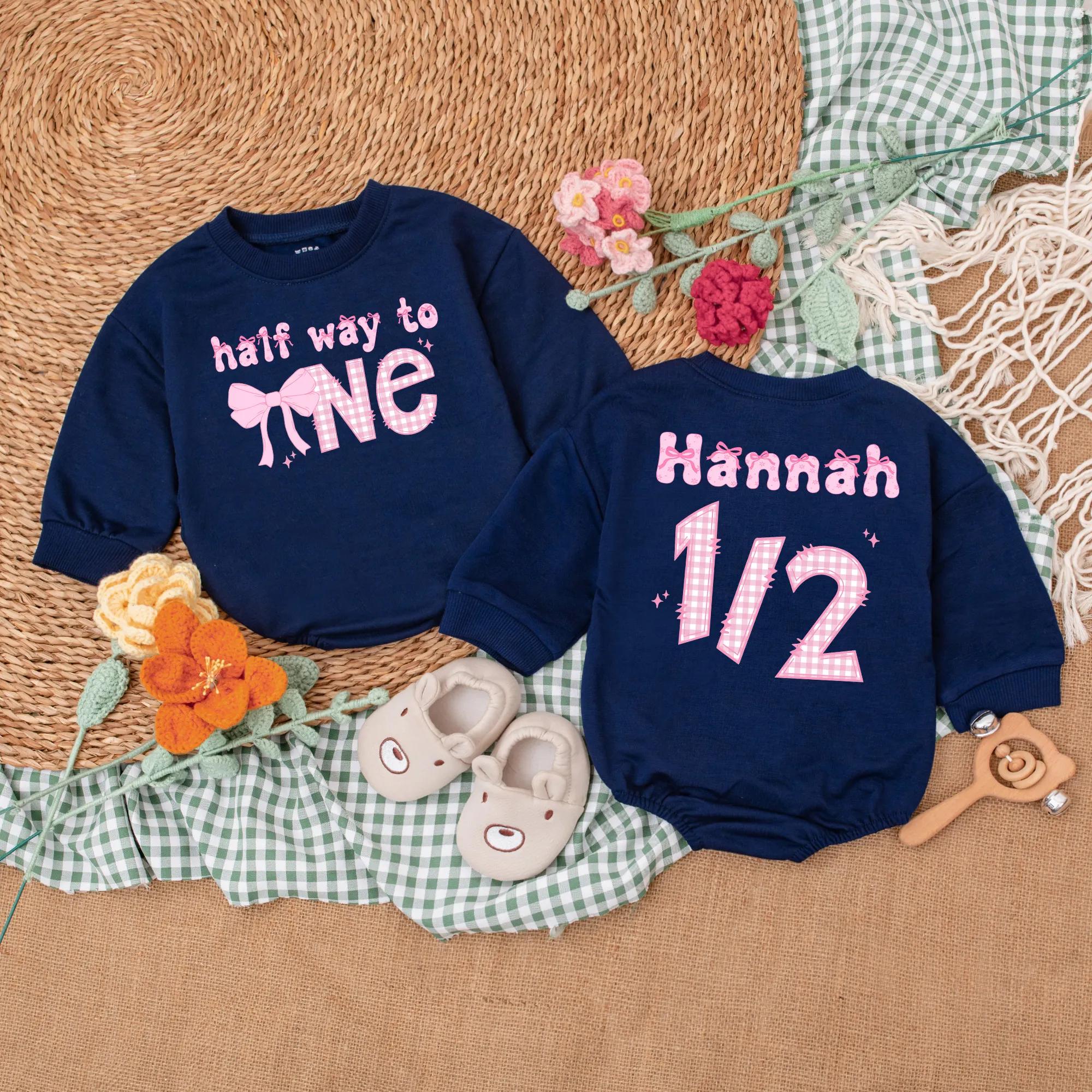 Personalized Pink Bow Half Way to One Romper Baby Girl's 1/2 Birthday Outfit Celebratory Checkered Pattern 6 Months Birthday Gift