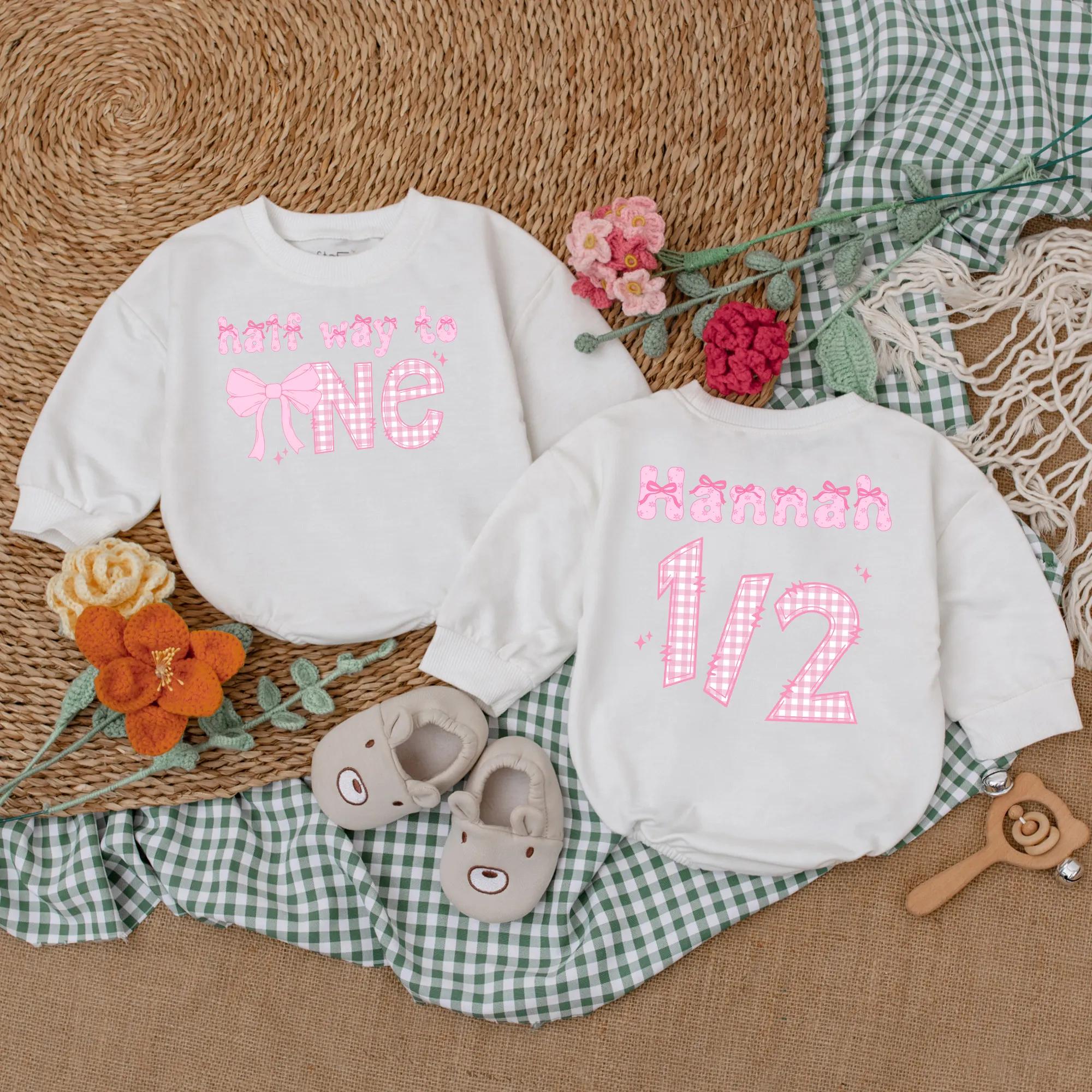 Personalized Pink Bow Half Way to One Romper Baby Girl's 1/2 Birthday Outfit Celebratory Checkered Pattern 6 Months Birthday Gift