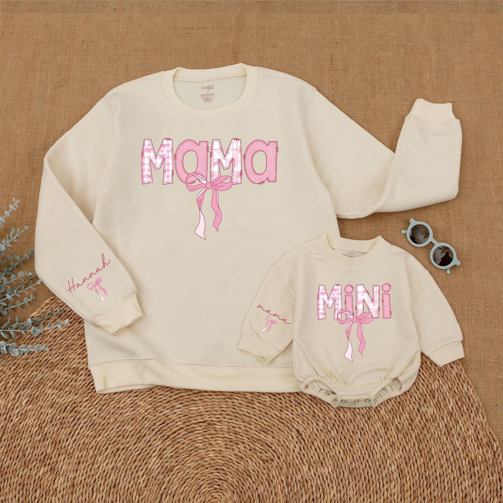 Personalized Pink Bow Mama and Mini Sweatshirt Cute Gingham Mommy and Me Outfits Custom Mother Daughter Matching Sweaters Gift Idea