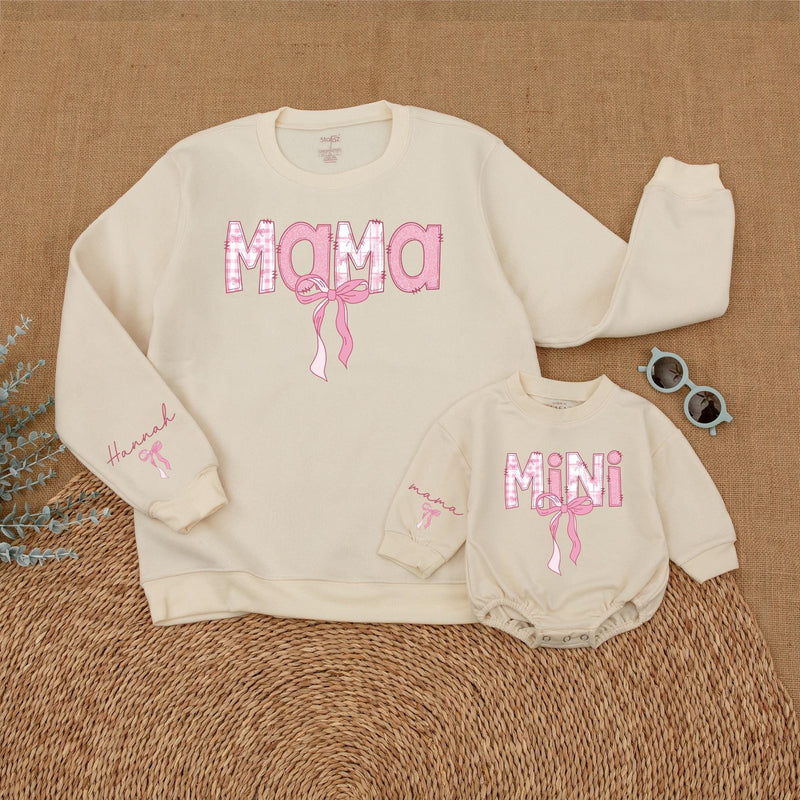 Personalized Pink Bow Mama and Mini Sweatshirt Cute Gingham Mommy and Me Outfits Custom Mother Daughter Matching Sweaters Gift Idea