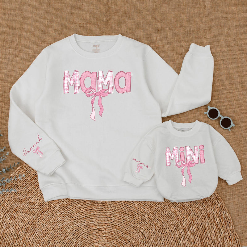 Personalized Pink Bow Mama and Mini Sweatshirt Cute Gingham Mommy and Me Outfits Custom Mother Daughter Matching Sweaters Gift Idea