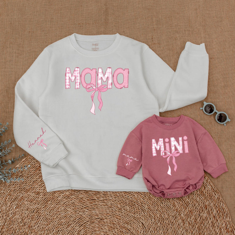 Personalized Pink Bow Mama and Mini Sweatshirt Cute Gingham Mommy and Me Outfits Custom Mother Daughter Matching Sweaters Gift Idea