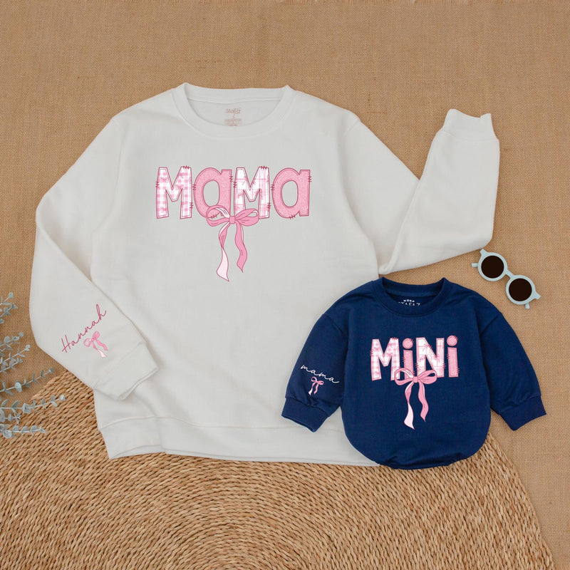 Personalized Pink Bow Mama and Mini Sweatshirt Cute Gingham Mommy and Me Outfits Custom Mother Daughter Matching Sweaters Gift Idea