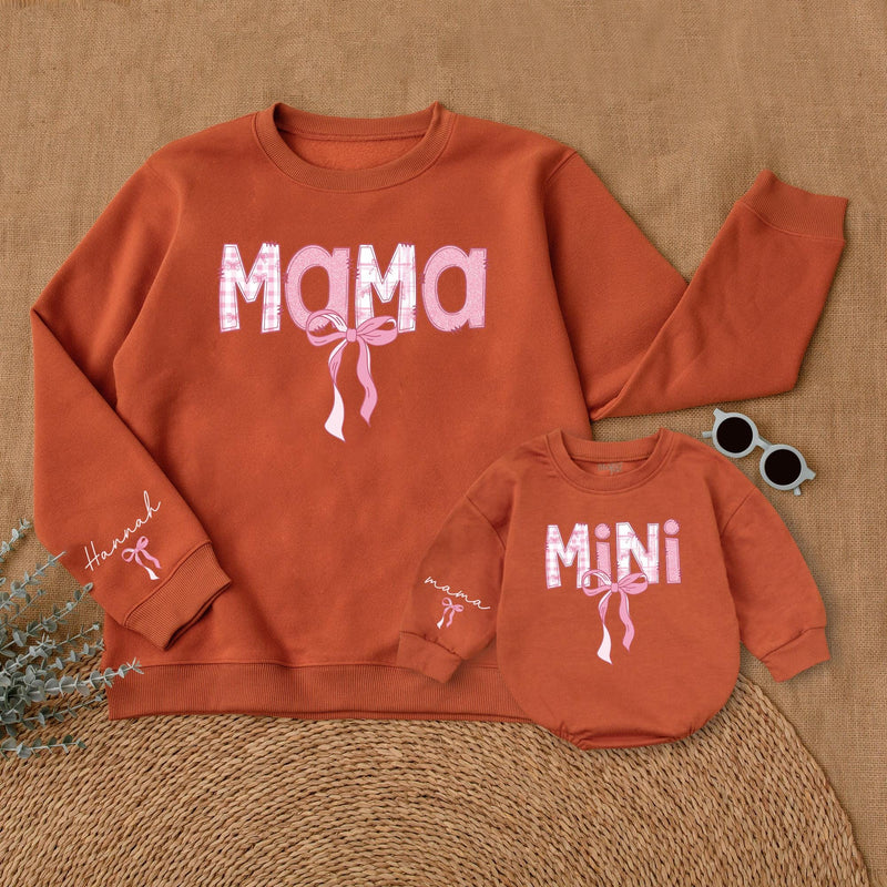 Personalized Pink Bow Mama and Mini Sweatshirt Cute Gingham Mommy and Me Outfits Custom Mother Daughter Matching Sweaters Gift Idea