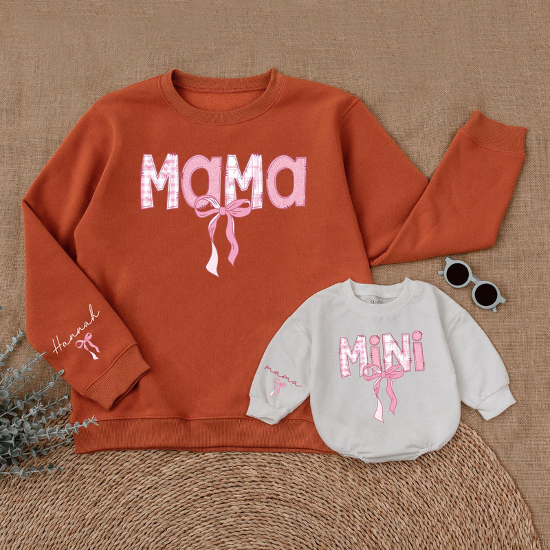 Personalized Pink Bow Mama and Mini Sweatshirt Cute Gingham Mommy and Me Outfits Custom Mother Daughter Matching Sweaters Gift Idea