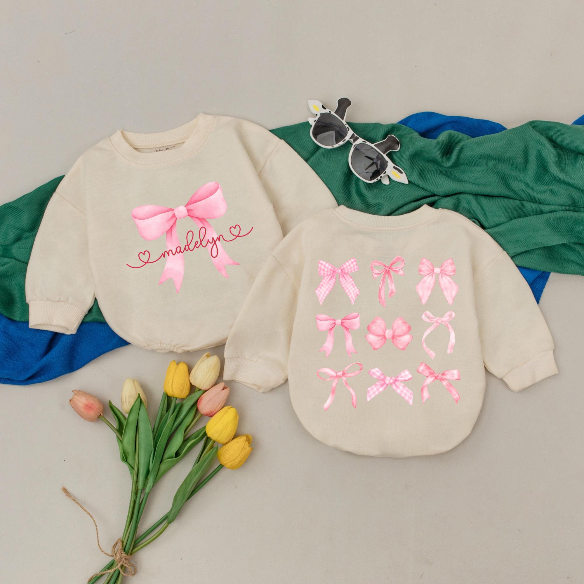 Personalized Pink Bow Romper for Baby Girls First Birthday Outfit Custom Name Soft Cotton Infant Bodysuit Heart Motif Baby Shower Gift