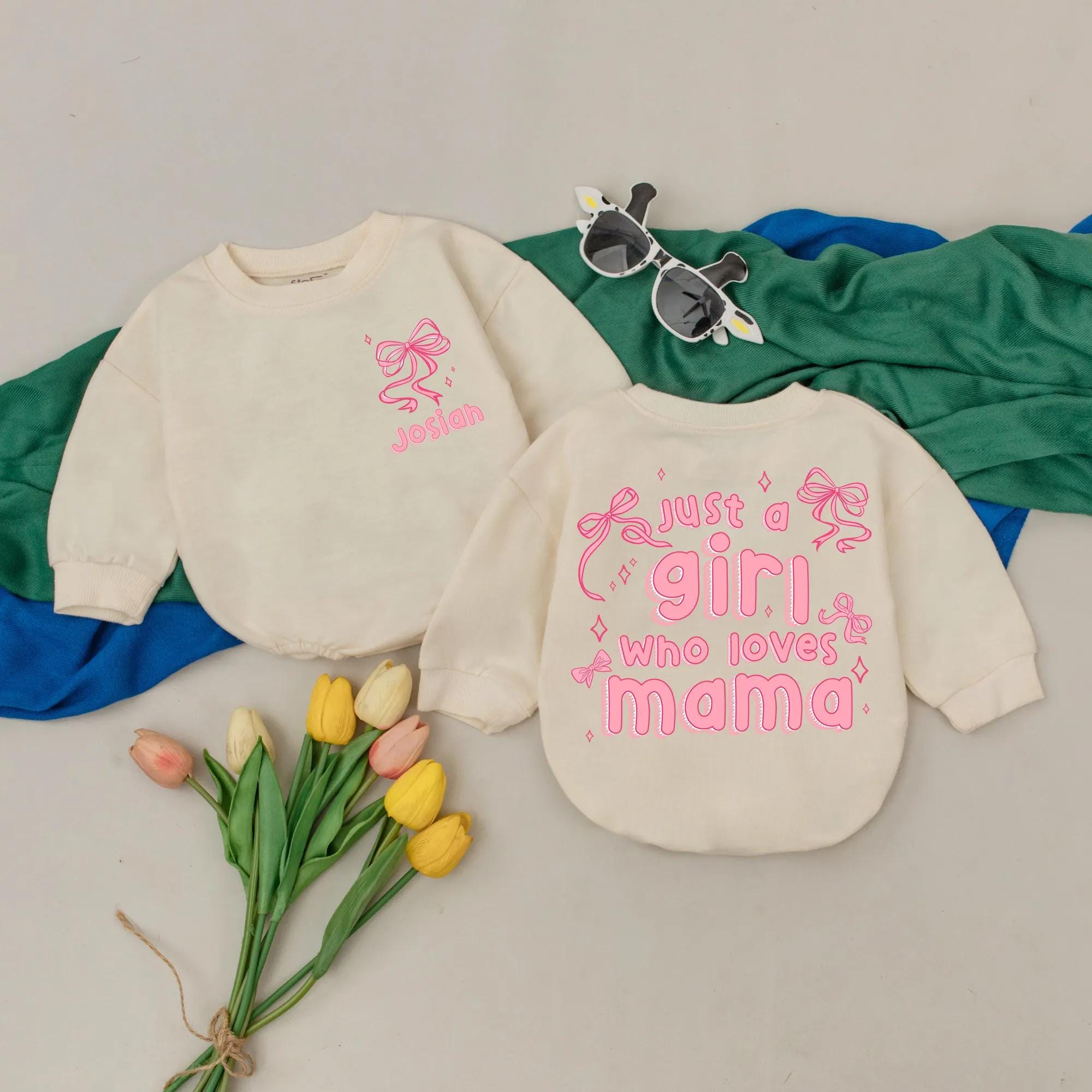 Personalized Pink Bow Romper Just a Girl Who Loves Mama Infant Toddler Outfit Soft Cotton Mommy's Girl First Mother's Day Gift